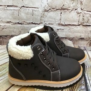 Brown Sherpa Trim Studded Lace Up Winter Ankle Boots Youth Size 11.5 Toddler